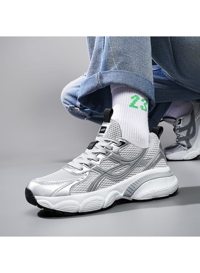 BANGTE Bont Men's Dad Shoes Thick Sole Height Increasing Non-slip Wear-resistant Casual Sports Running Shoes White Gray Size 44 - Image 1