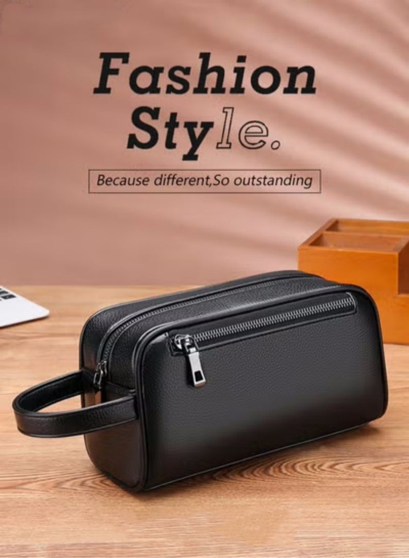 Men's Business Cowhide Leather Clutch Bag Hand Carry Large Wallet Multiple Compartments Handbag Card Holder Multi Function Large Capacity Wallet with Wristband - Image 2