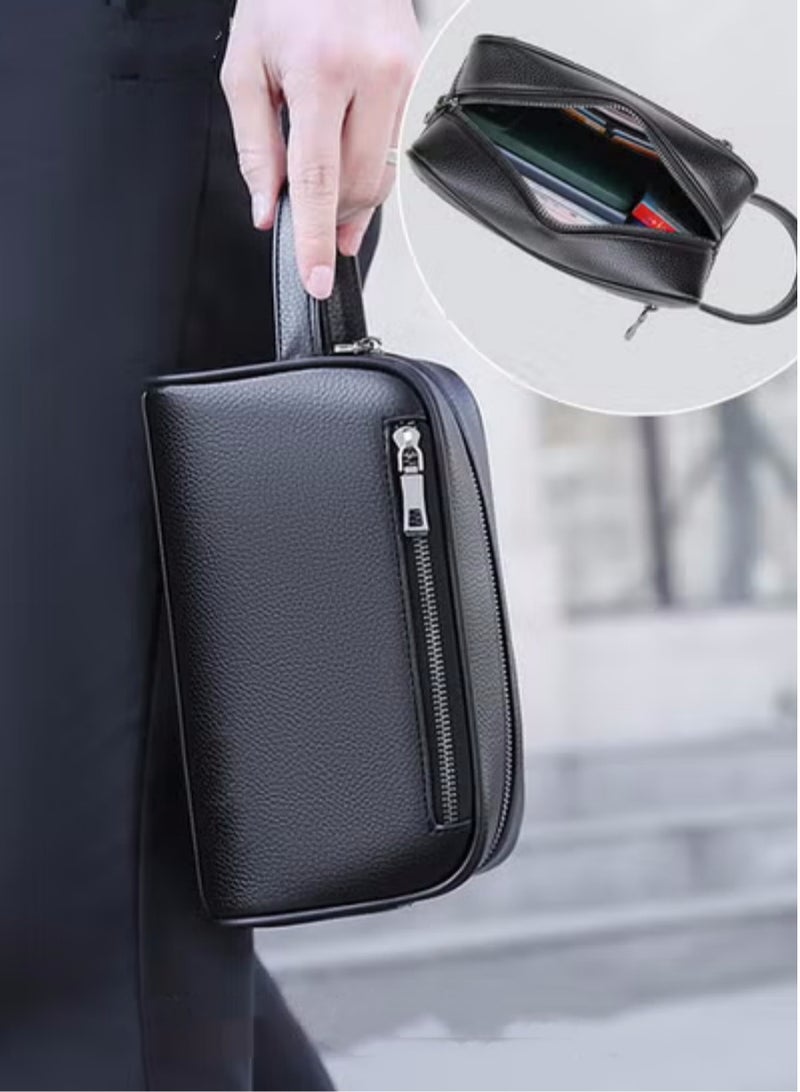 Men's Business Cowhide Leather Clutch Bag Hand Carry Large Wallet Multiple Compartments Handbag Card Holder Multi Function Large Capacity Wallet with Wristband - Image 1