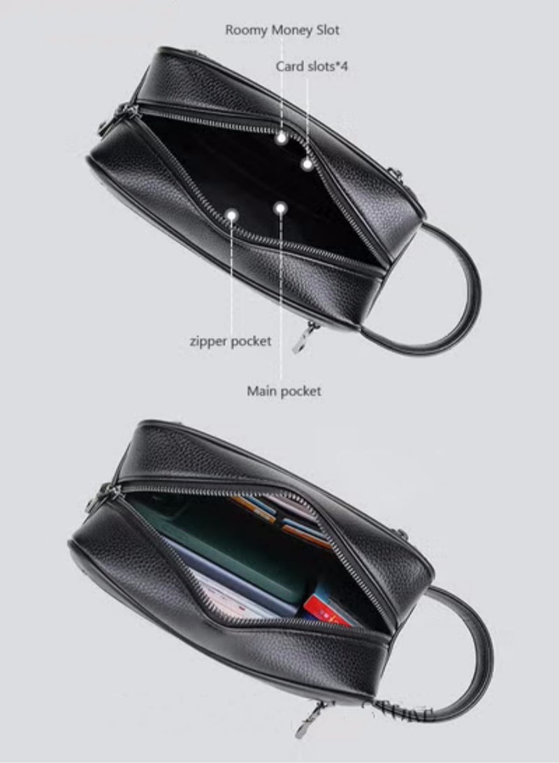 Men's Business Cowhide Leather Clutch Bag Hand Carry Large Wallet Multiple Compartments Handbag Card Holder Multi Function Large Capacity Wallet with Wristband - Image 4