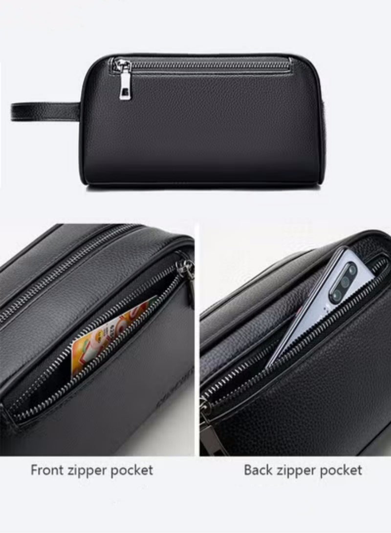 Men's Business Cowhide Leather Clutch Bag Hand Carry Large Wallet Multiple Compartments Handbag Card Holder Multi Function Large Capacity Wallet with Wristband - Image 5