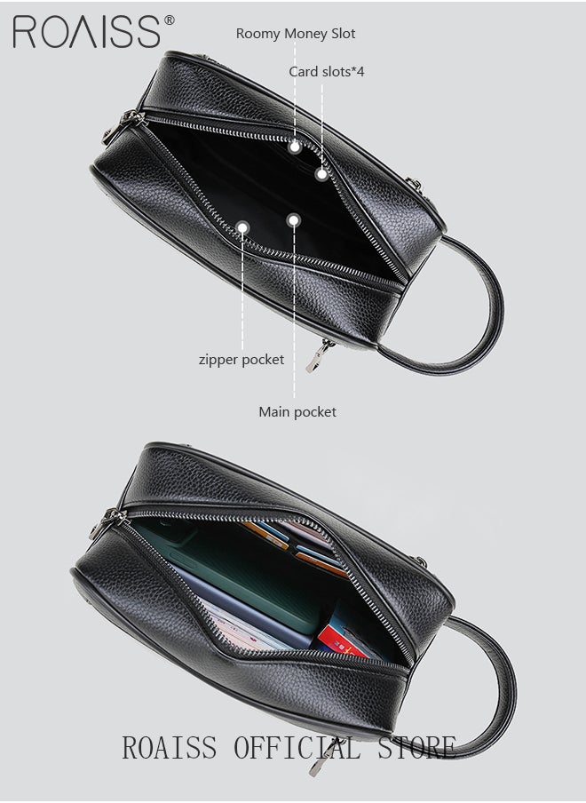 Men's Business Cowhide Leather Clutch Bag Hand Carry Large Wallet Multiple Compartments Handbag Card Holder Multi Function Large Capacity Wallet with Wristband