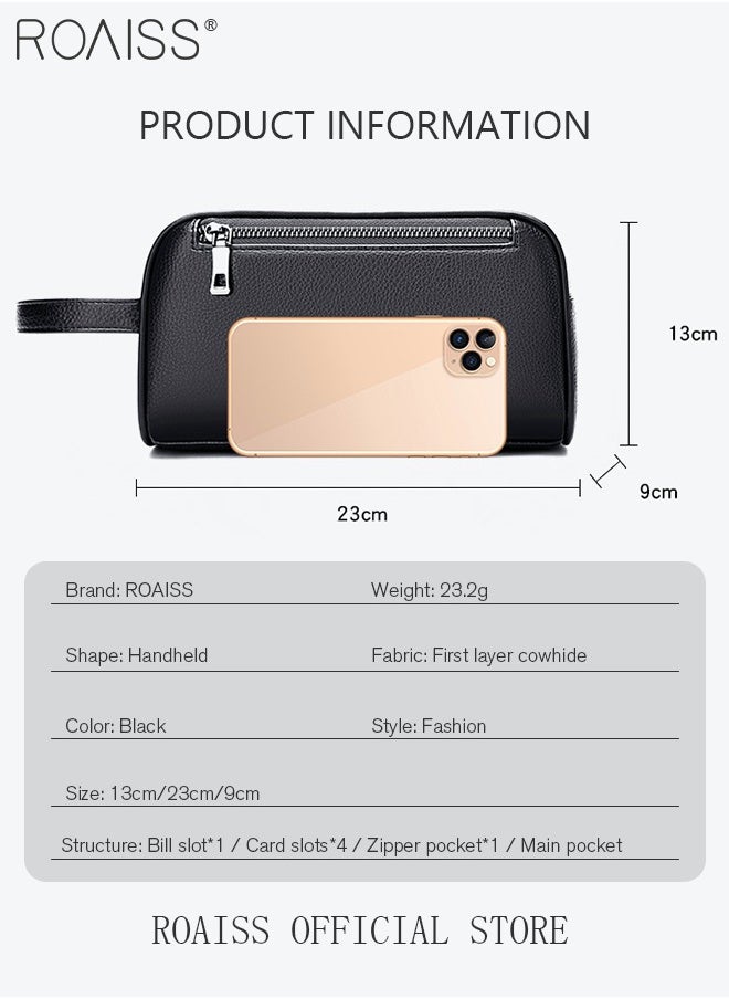 Men's Business Cowhide Leather Clutch Bag Hand Carry Large Wallet Multiple Compartments Handbag Card Holder Multi Function Large Capacity Wallet with Wristband