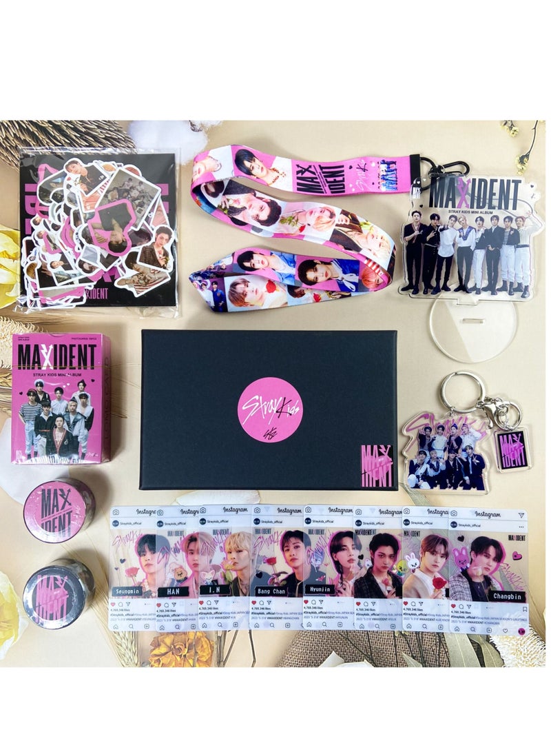 Stray Kids New Album MAXIDENT Gift Box With Lomo Cards, Acrylic Stand, Hand Account Tape, Keychain, Lanyard, Stickers, Photo Card