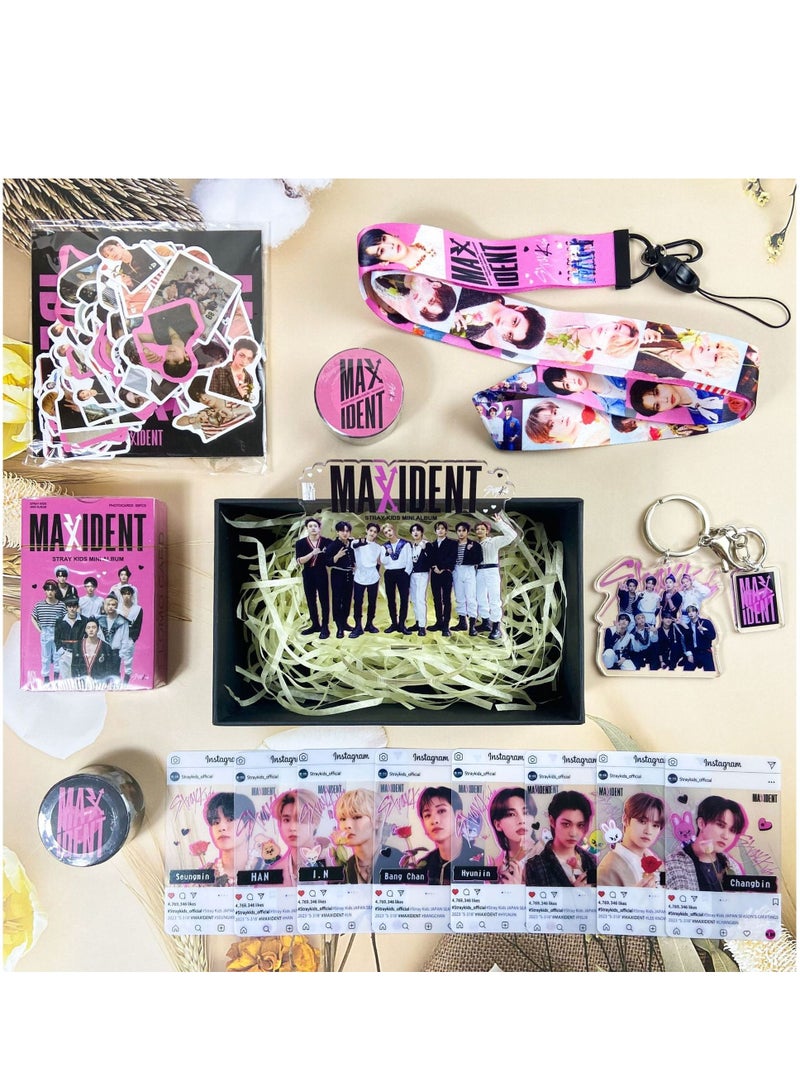 Stray Kids New Album MAXIDENT Gift Box With Lomo Cards, Acrylic Stand, Hand Account Tape, Keychain, Lanyard, Stickers, Photo Card