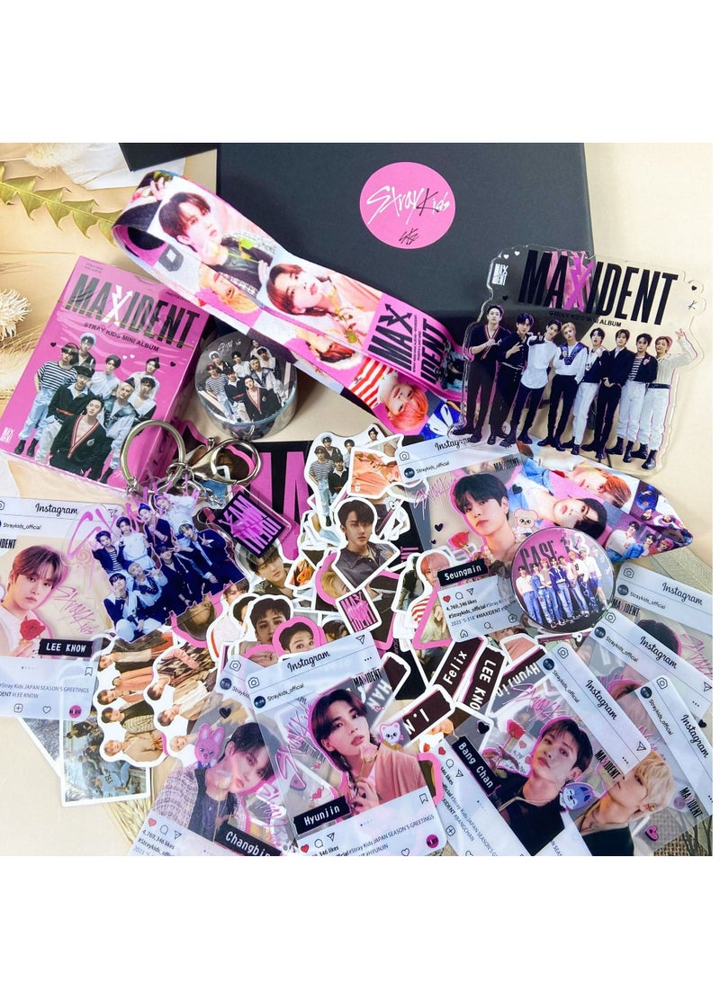 Stray Kids New Album MAXIDENT Gift Box With Lomo Cards, Acrylic Stand, Hand Account Tape, Keychain, Lanyard, Stickers, Photo Card
