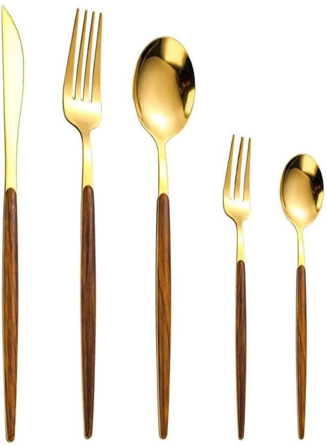 pepplo® Wooden Gold Flatware, Royal 5 Piece Matte Wooden Handle 18/10 Stainless Steel Tableware Sets for 1 Including Forks Spoons Knives, Camping Silverware Travel Utensils Set Cutlery (Wooden Gold) - Image 1
