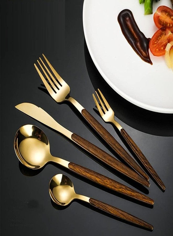 pepplo® Wooden Gold Flatware, Royal 5 Piece Matte Wooden Handle 18/10 Stainless Steel Tableware Sets for 1 Including Forks Spoons Knives, Camping Silverware Travel Utensils Set Cutlery (Wooden Gold) - Image 2