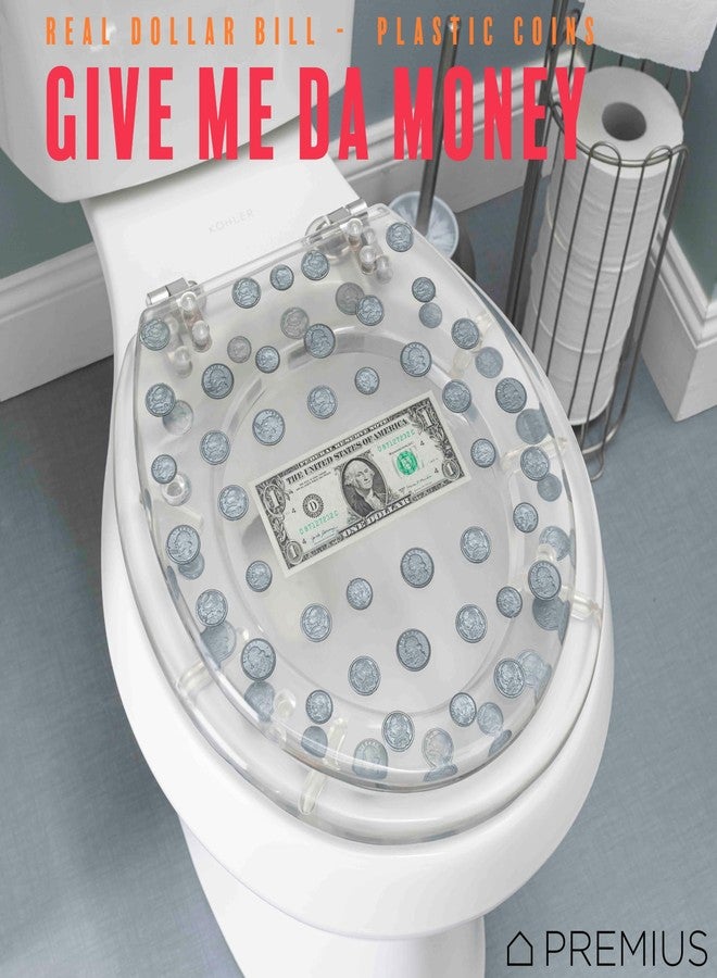 PREMIUS Polyresin Real Dollar Bill & Plastic Coins Money Toilet Seat By PREMIUS, Standard Round, 17 Inches, Clear, Money Bathroom Decor, Comfortable Bumpers & Easy Cleaning, Stainless Steel Hinges - Image 3