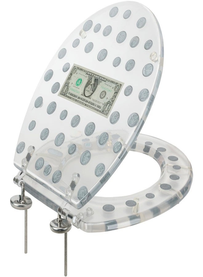 PREMIUS Polyresin Real Dollar Bill & Plastic Coins Money Toilet Seat By PREMIUS, Standard Round, 17 Inches, Clear, Money Bathroom Decor, Comfortable Bumpers & Easy Cleaning, Stainless Steel Hinges - Image 1