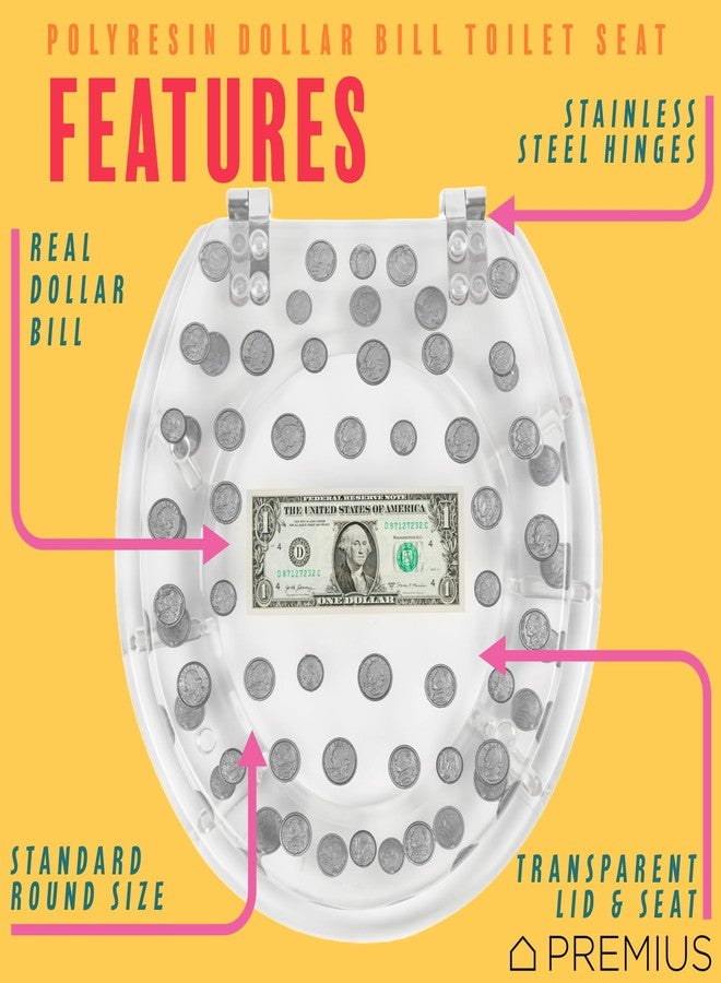 PREMIUS Polyresin Real Dollar Bill & Plastic Coins Money Toilet Seat By PREMIUS, Standard Round, 17 Inches, Clear, Money Bathroom Decor, Comfortable Bumpers & Easy Cleaning, Stainless Steel Hinges - Image 2