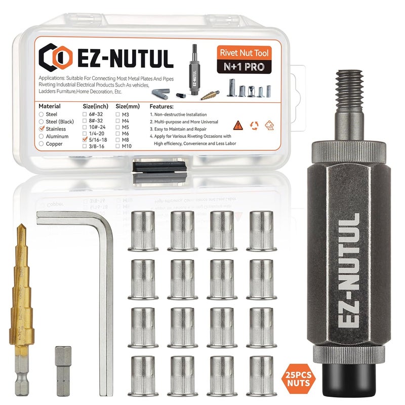 EZ-NUTUL مجموعة أدوات تركيب صمولة ريفيت رأس مسطح ريفنوت مجموعة صمولة مدخلة ملولبة SAE وميترية للمعادن الثقيلة مطلية بالزنك (5/16-18 (أداة صمولة ريفيت - 25 قطعة، ستانلس)) - Image 1