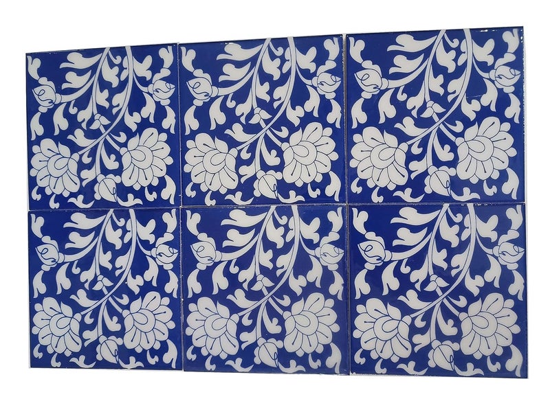Shiv Kripa Blue Pottery Home Decor Wall Mural Mosaic Tiles Ceramic Handmade Wall Decorative Tiles 3 x 3 Inch Set of 6 3 X 3 inch Tile Black