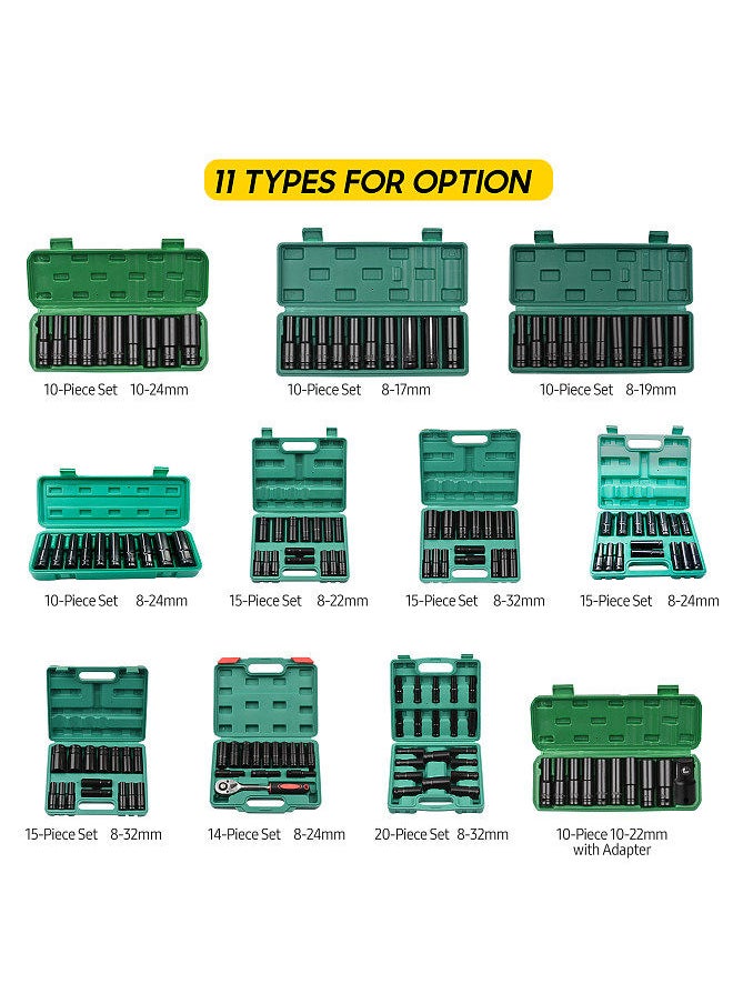 Generic - Generic  1/2 Inch Drive Hex Impact Socket Set 10-Piece Deep Socket Metric Sizes 10-22mm and 3/8 Inch Adapter CR-V Material with Hard Storage Box - Image 1