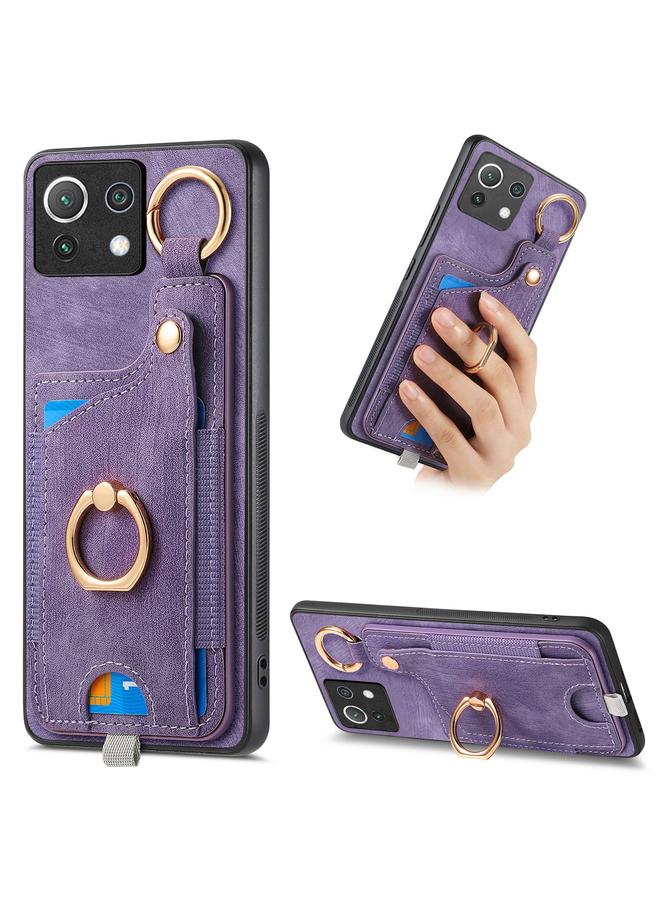 Green Tiger For Xiaomi Mi 11 Lite Retro Skin-feel Ring Card Bag Phone Case with Hang Loop(Purple)