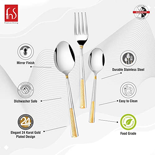 FnS Midas 24 Karat Gold Plated on Handle Stainless Steel 18 Pc Cutlery Set with Hanging Stand (6 Dinner Spoons, 6 Dinner Fork & 6 Teaspoons) - Image 4