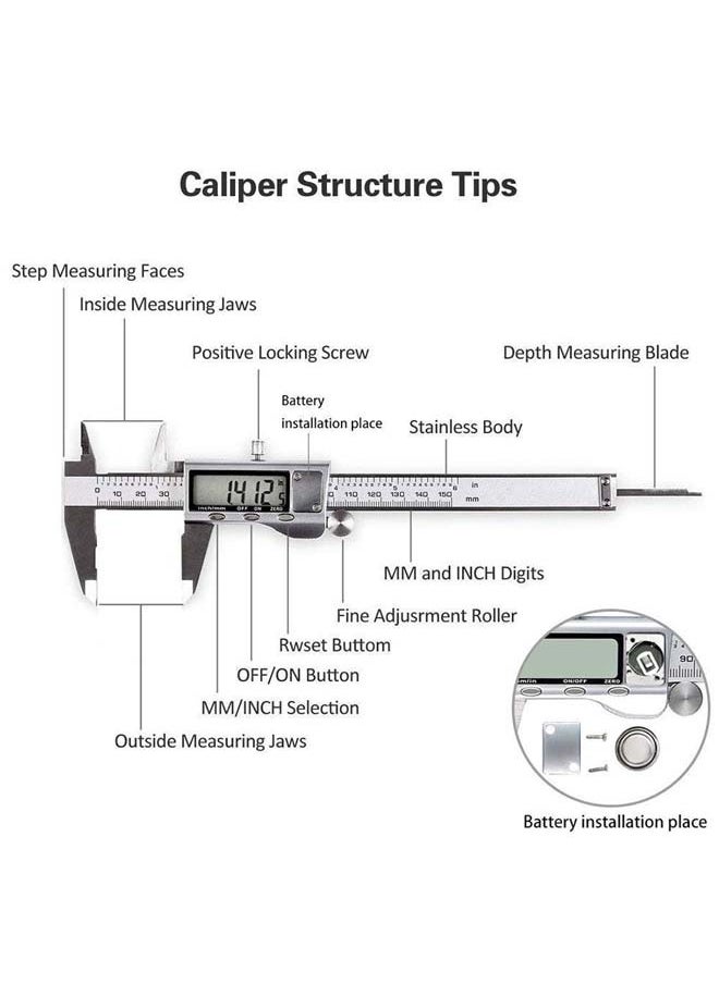 L&E Digital Caliper, Caliper Measuring Tool with Stainless Steel, Electronic Micrometer Caliper with Large LCD Screen, Auto-Off Feature, Inch and Millimeter Conversion (6 Inch/150 mm)  - Image 5