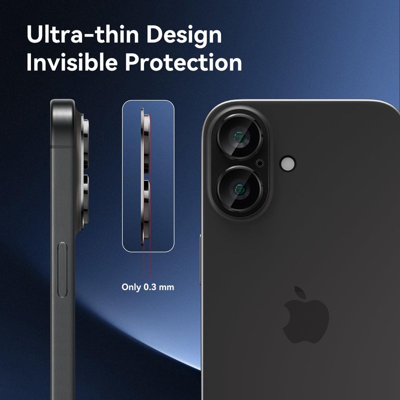 CloudValley لحماية عدسة الكاميرا لجهاز iPhone 16 / iPhone 16 Plus، [نفاذية AR+AF 98%] [تغطية كاملة] غطاء زجاجي مقسى فائق الوضوح، حماية شاشة العدسة المعدنية، أسود - Image 3