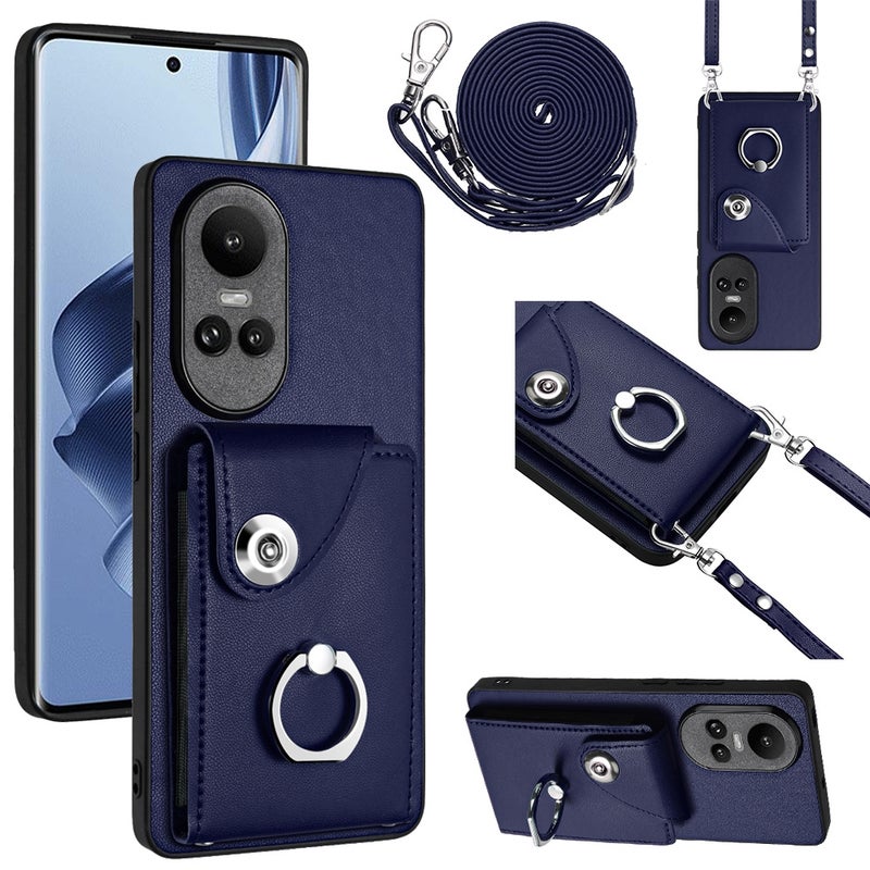 BURAQ Case Cover For OPPO Reno10/Reno10 Pro 5G Global Organ Card Bag Ring Holder Phone Case with Long Lanyard(Blue) - Image 1