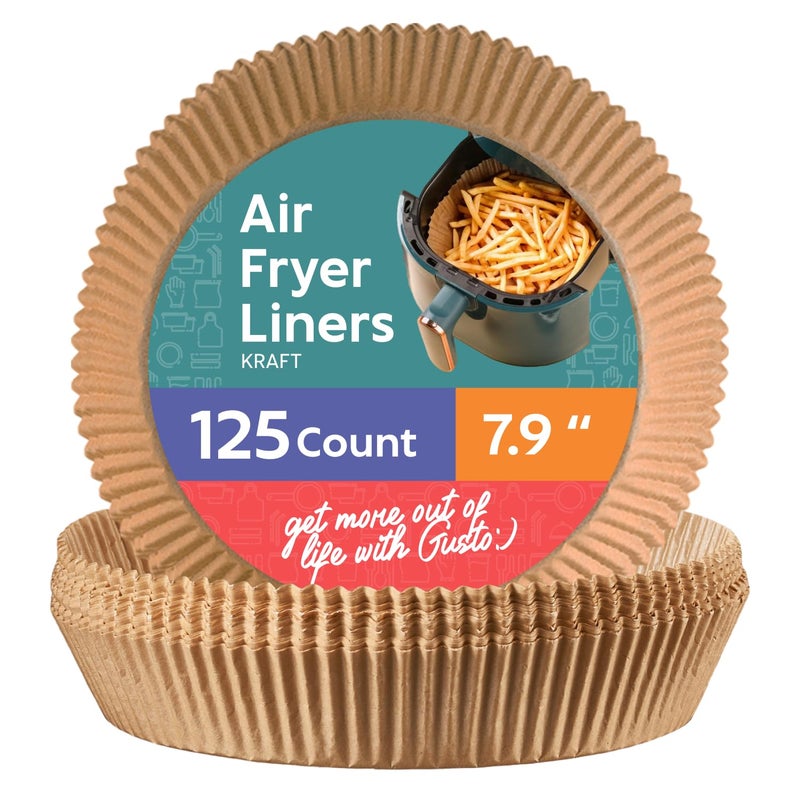 GUSTO 79 Inch  125 Count Round Air Fryer Liners Disposable  NonStick Oil  Water Resistant Parchment Paper for Easy Cleanup  Fits 58 QT Air Fryers Ovens  More Formerly Comfy Package