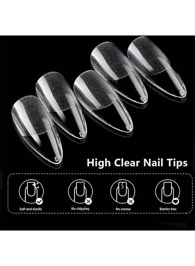 HY 600 Pcs Almond Fake Gel Nail Tips Almond Press on Nails Medium French Design Clear Full Cover Artificial Almond False Nails Transparent Semi Frosted Nail Plate for Home DIY Nail Salon Nail Extension - Image 3