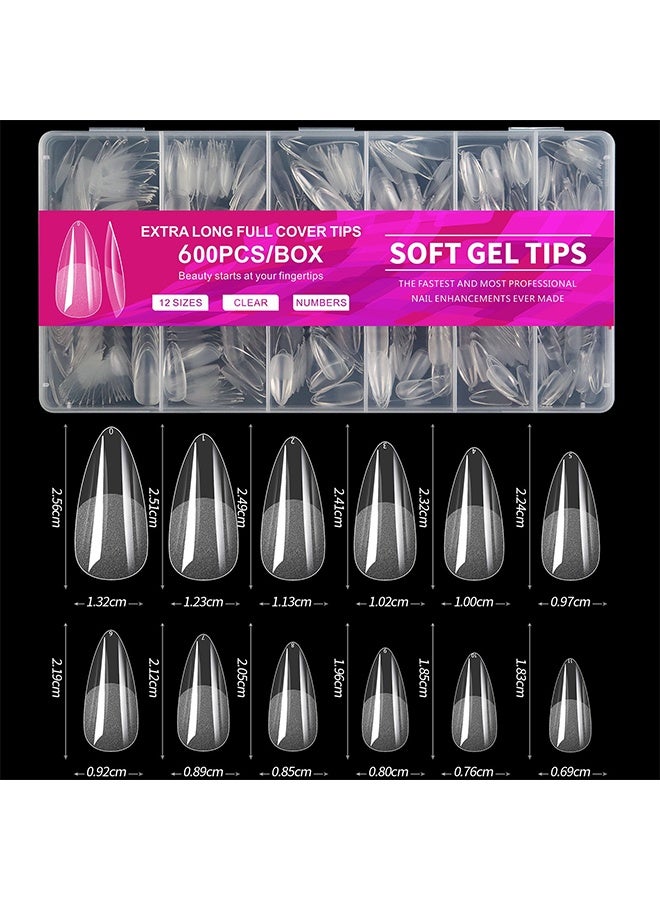 HY 600 Pcs Almond Fake Gel Nail Tips Almond Press on Nails Medium French Design Clear Full Cover Artificial Almond False Nails Transparent Semi Frosted Nail Plate for Home DIY Nail Salon Nail Extension - Image 2