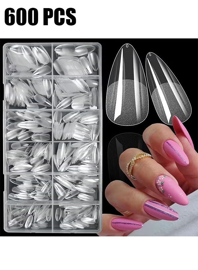 HY 600 Pcs Almond Fake Gel Nail Tips Almond Press on Nails Medium French Design Clear Full Cover Artificial Almond False Nails Transparent Semi Frosted Nail Plate for Home DIY Nail Salon Nail Extension - Image 1