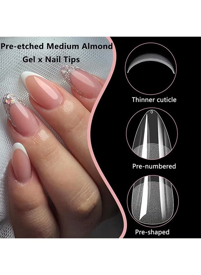 HY 600 Pcs Almond Fake Gel Nail Tips Almond Press on Nails Medium French Design Clear Full Cover Artificial Almond False Nails Transparent Semi Frosted Nail Plate for Home DIY Nail Salon Nail Extension - Image 4
