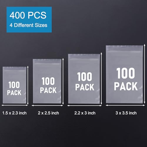 WOW DING 400PCS Small Plastic Bags, 4 Assorted Sizes, Small Baggies, Clear Jewelry Bags Resealable, Reclosable Poly Bag for Pill, Beads, Storage - Image 4