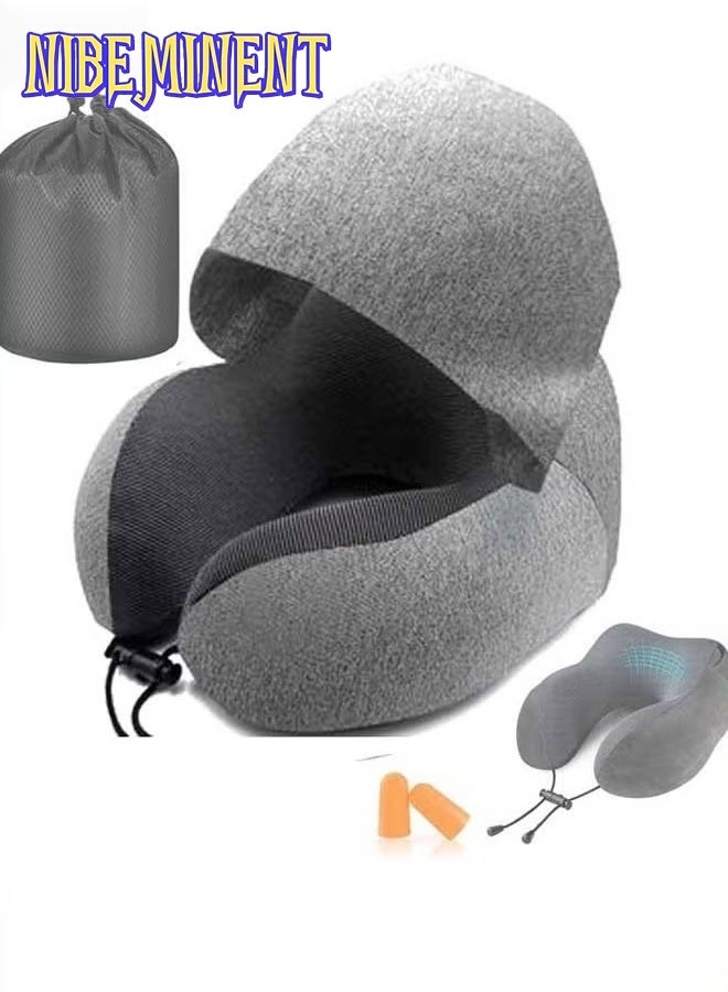 NIBEMINENT Travel Pillow, Neck Pillow for Travel with Hood for Airplane, Velvet Memory Foam Neck Pillow Adult Head & Neck Support, for Long Flights Plane, Office, Cars Sleeping & Rest (Grey)  - Image 1