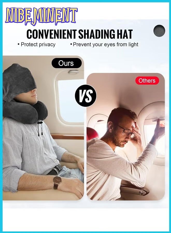 NIBEMINENT Travel Pillow, Neck Pillow for Travel with Hood for Airplane, Velvet Memory Foam Neck Pillow Adult Head & Neck Support, for Long Flights Plane, Office, Cars Sleeping & Rest (Grey)  - Image 2