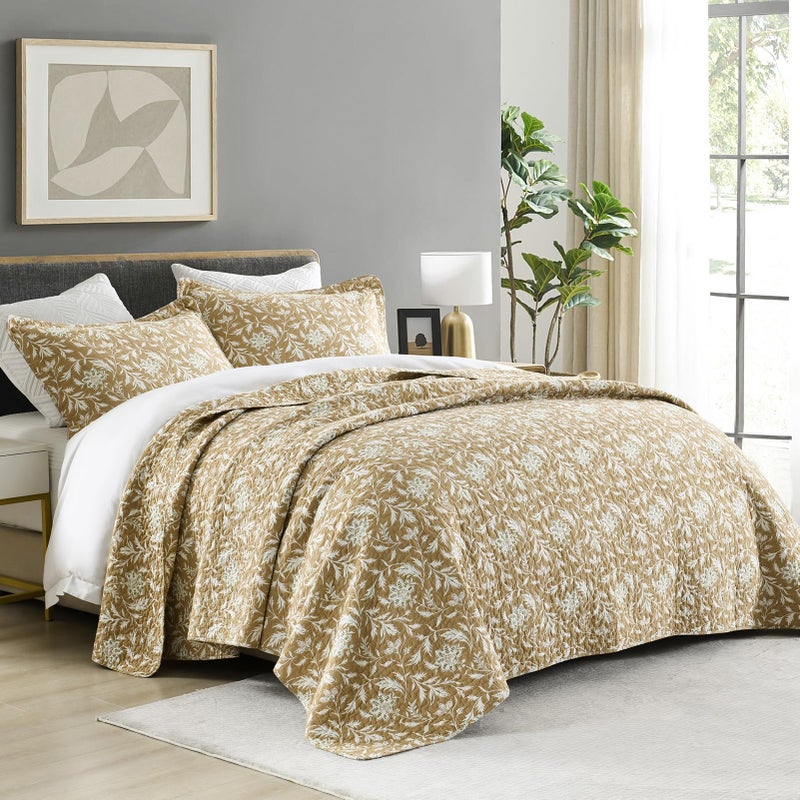 Finlonte Quilts Queen Size 100% Cotton Lightweight Soft Queen Quilt Vintage Botanical Quilted Bedspread Khaki Floral Reversible Quilt Bedding Set 3 Pieces - Image 3