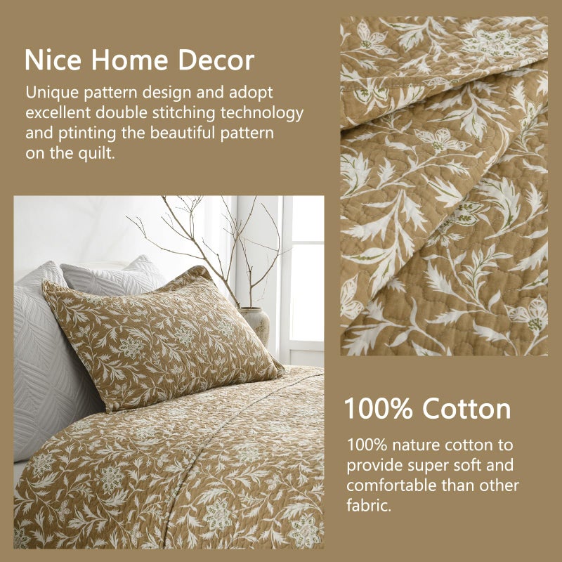 Finlonte Quilts Queen Size 100% Cotton Lightweight Soft Queen Quilt Vintage Botanical Quilted Bedspread Khaki Floral Reversible Quilt Bedding Set 3 Pieces - Image 4