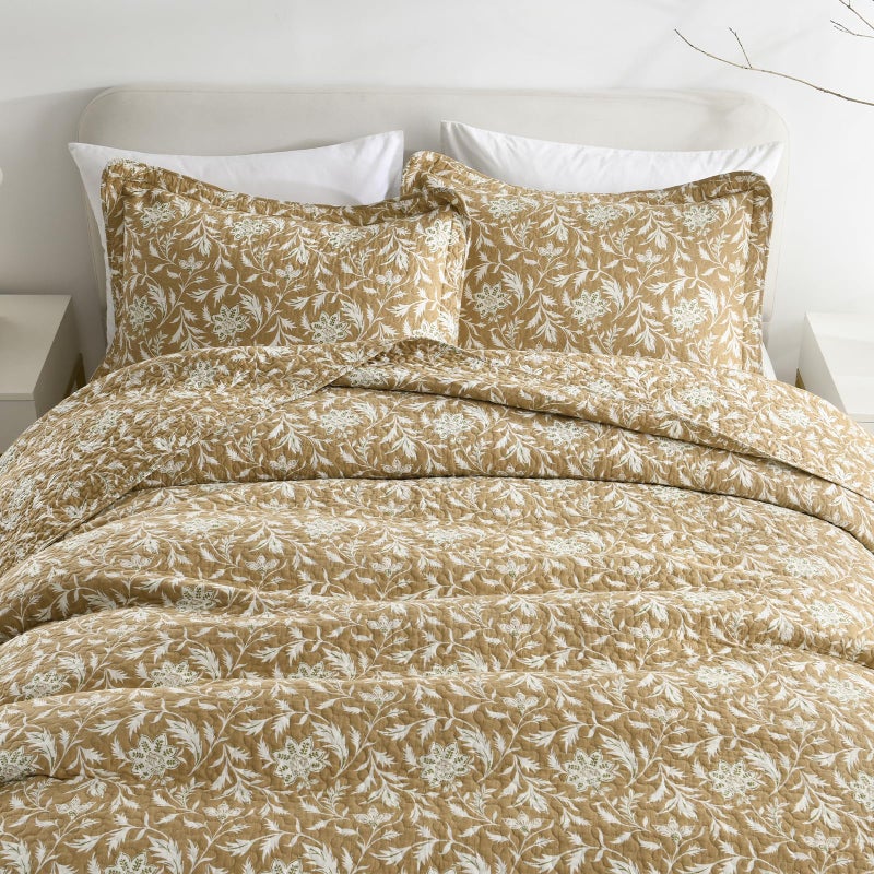 Finlonte Quilts Queen Size 100% Cotton Lightweight Soft Queen Quilt Vintage Botanical Quilted Bedspread Khaki Floral Reversible Quilt Bedding Set 3 Pieces - Image 5