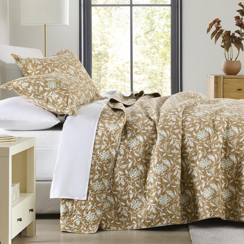 Finlonte Quilts Queen Size 100% Cotton Lightweight Soft Queen Quilt Vintage Botanical Quilted Bedspread Khaki Floral Reversible Quilt Bedding Set 3 Pieces - Image 1
