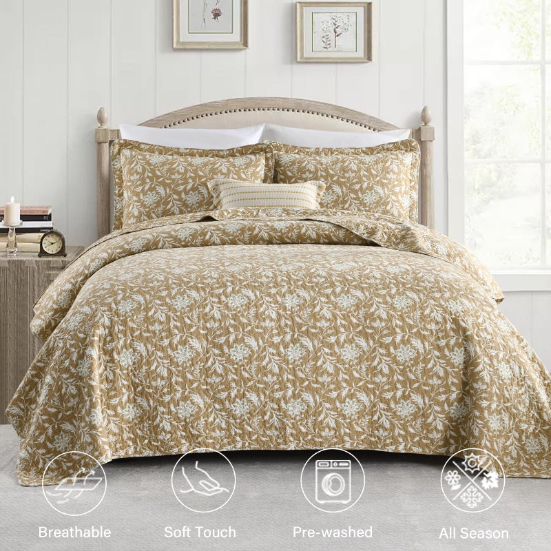 Finlonte Quilts Queen Size 100% Cotton Lightweight Soft Queen Quilt Vintage Botanical Quilted Bedspread Khaki Floral Reversible Quilt Bedding Set 3 Pieces - Image 2