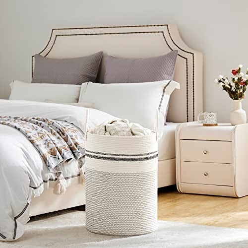 VIPOSCO Large Laundry Hamper, Tall Woven Rope Storage Basket for Blanket, Toys, Dirty Clothes in Living Room, Bathroom, Bedroom - 58L Stripe White - Image 4