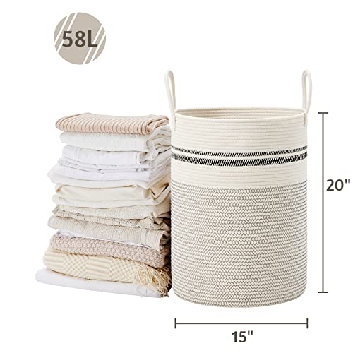 VIPOSCO Large Laundry Hamper, Tall Woven Rope Storage Basket for Blanket, Toys, Dirty Clothes in Living Room, Bathroom, Bedroom - 58L Stripe White - Image 5