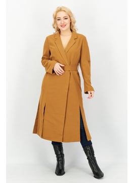 Women Solid Long Sleeves Belted Trench Coat, Brown