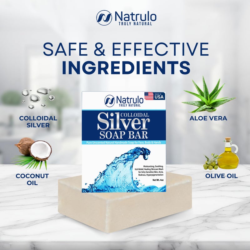Natrulo Colloidal Silver Soap Bar, 4oz Unscented â€“ Natural Handmade in USA Pure Cleanser for Face, Body & Hands â€“ Cleansing, Moisturizing, Soothing Itch Relief Wash for Sensitive Skin, Acne, Hyperpigmentation - Image 5