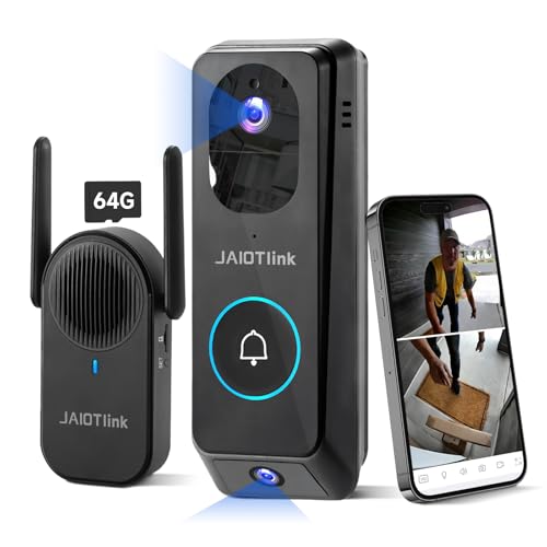 JAIOTlink 2K Dual Lens Video Doorbell Camera Wireless with Chime, 64GB SD Card, Voice Changer, 2.4G/5Ghz WiFi, Package Protection, 2-Way Audio, Night Vision, Compatible with Alexa - Image 1