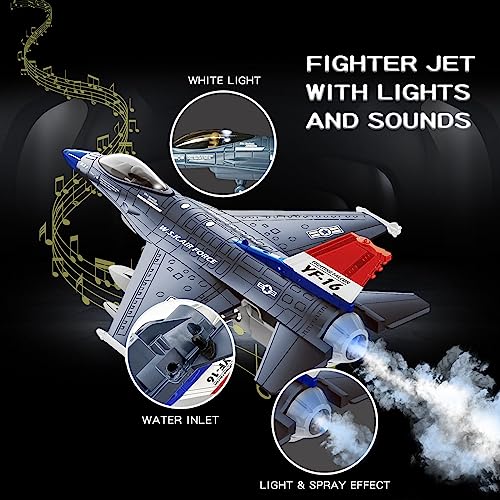 OTONOPI Fighter Jet Toy F-16 Toy Jets for Kids Military Plane Army Air Force Pull Back Fighter Toy diecast Metal Aircraft with Spray Effect Lights and Sounds for Boys Girls Age 3-12+ (F 16 Blue) - Image 4