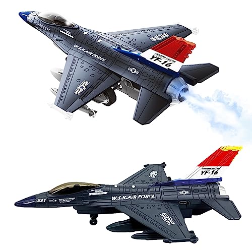 OTONOPI Fighter Jet Toy F-16 Toy Jets for Kids Military Plane Army Air Force Pull Back Fighter Toy diecast Metal Aircraft with Spray Effect Lights and Sounds for Boys Girls Age 3-12+ (F 16 Blue) - Image 1