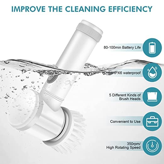 Ranade Mart 5 in 1 Magic Brush Nylon Bathtub Electric MultiFunctional Household Cleaning Brush USB Rechargeable Tiles Cleaning Brushes with 3 Brush Heads Cleaning Supplies Spin Scrubber Multicolor - Image 2