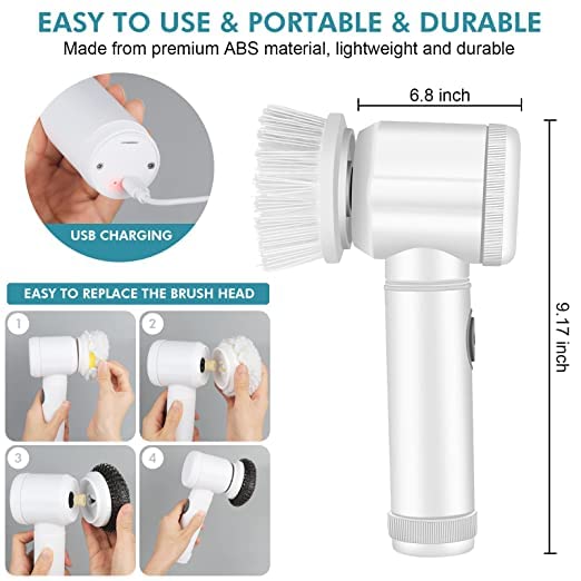 Ranade Mart 5 in 1 Magic Brush Nylon Bathtub Electric MultiFunctional Household Cleaning Brush USB Rechargeable Tiles Cleaning Brushes with 3 Brush Heads Cleaning Supplies Spin Scrubber Multicolor - Image 5
