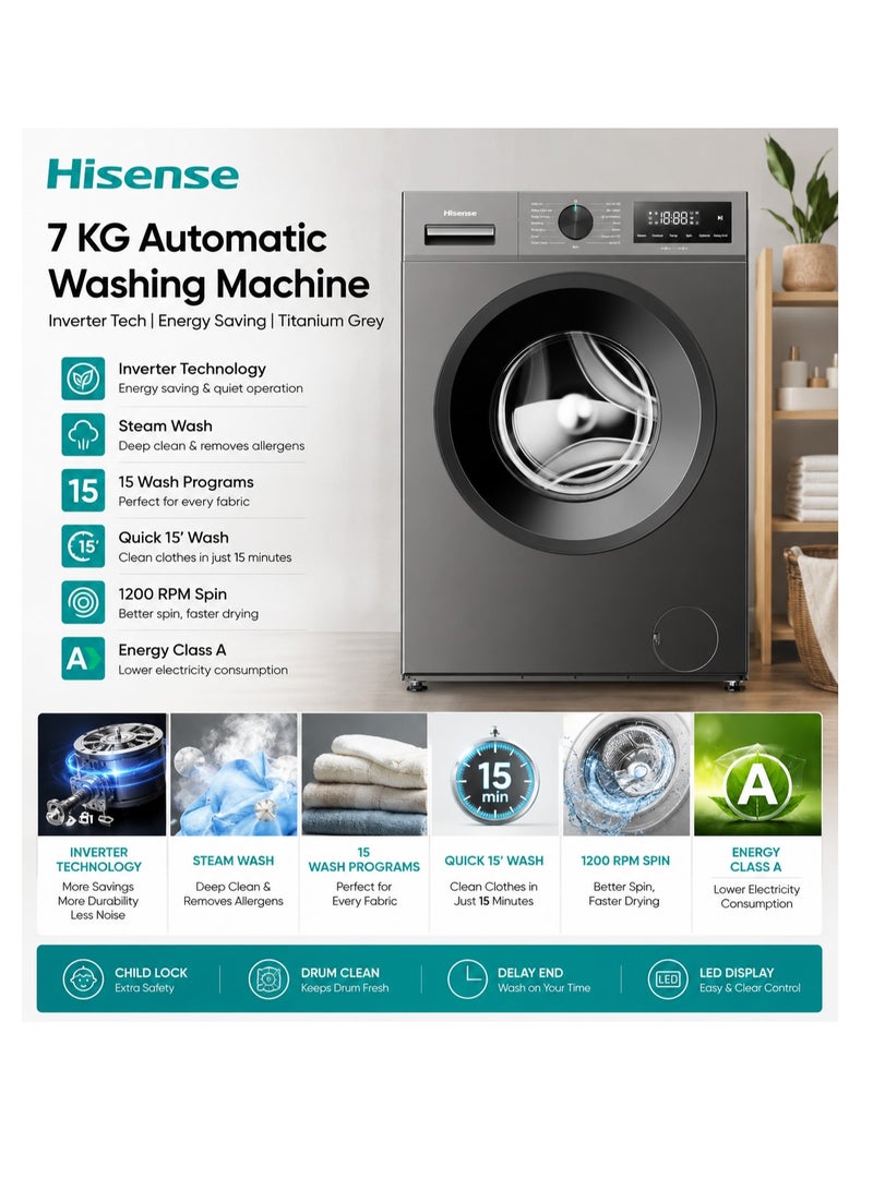 هايسنس Hisense  7 KG Automatic Washing Machine, Inverter Tech, Energy Saving, Titanium Grey 7 kg WF1I7022BT6 Titanium Grey - Image 2