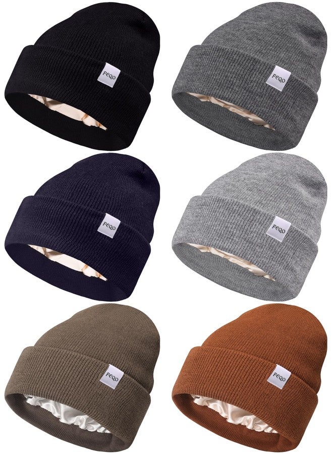 FEQO 6 Pack Satin Lined Winter Beanie Hats Soft Silk Lined Beanies Knit Warm Cuffed Hats for Women Men(Black, Dark Gray, Caramel, Light Gray, Brown, Navy Blue) - Image 1