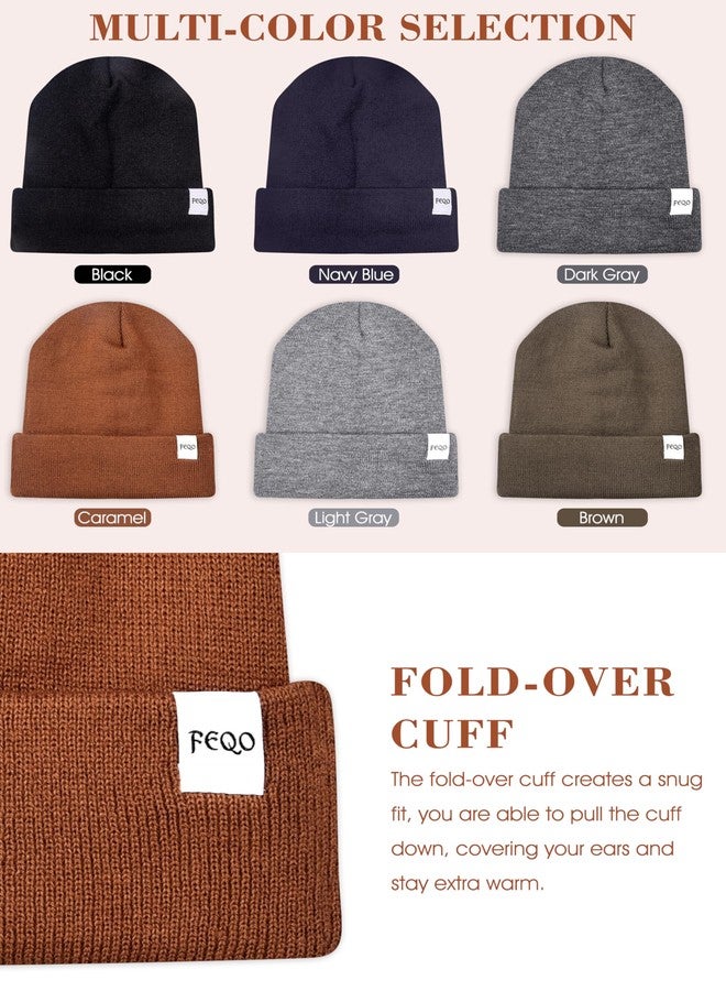 FEQO 6 Pack Satin Lined Winter Beanie Hats Soft Silk Lined Beanies Knit Warm Cuffed Hats for Women Men(Black, Dark Gray, Caramel, Light Gray, Brown, Navy Blue) - Image 5