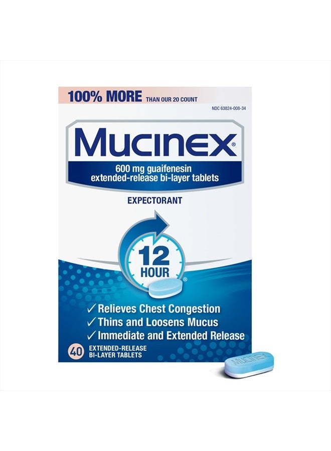MUCINEX احتقان الصدر، أقراص موكسي 12 ساعة للإفراج الممتد، 40 حبة، 600 ملغ جوايفينيسين يخفف احتقان الصدر الناتج عن المخاط الزائد، موصى به من قبل الأطباء كأفضل طارد للبلغم بدون وصفة طبية - Image 1