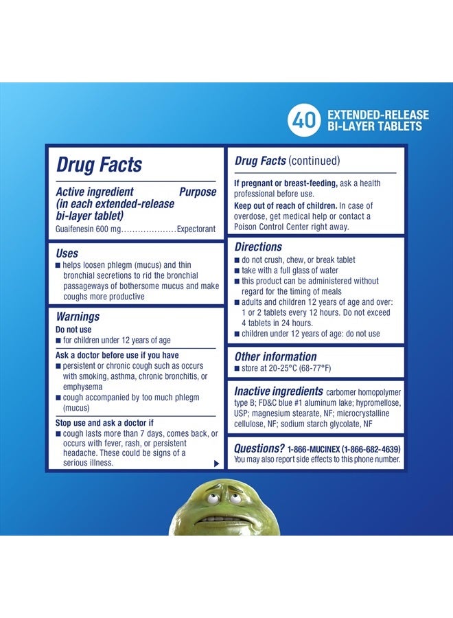 MUCINEX احتقان الصدر، أقراص موكسي 12 ساعة للإفراج الممتد، 40 حبة، 600 ملغ جوايفينيسين يخفف احتقان الصدر الناتج عن المخاط الزائد، موصى به من قبل الأطباء كأفضل طارد للبلغم بدون وصفة طبية - Image 3